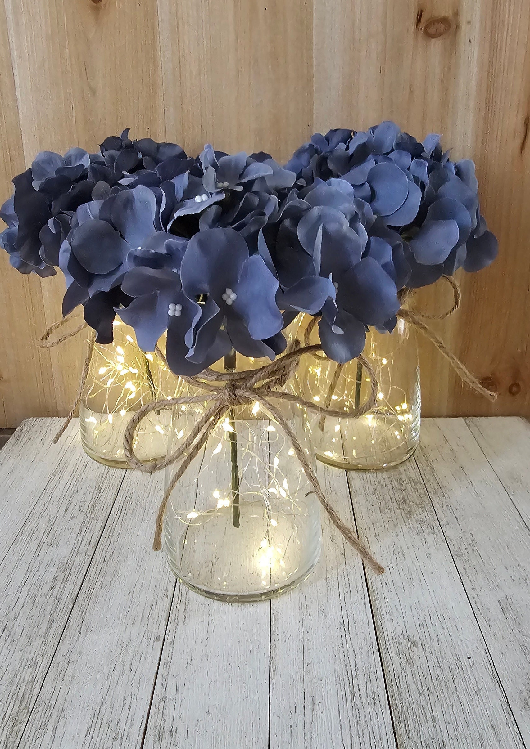 Dusty Blue Hydrangea Lighted Vase Event Centerpieces, Wedding Decor, Baby Shower, Bridal Shower, Graduation, Celebration of Life Service