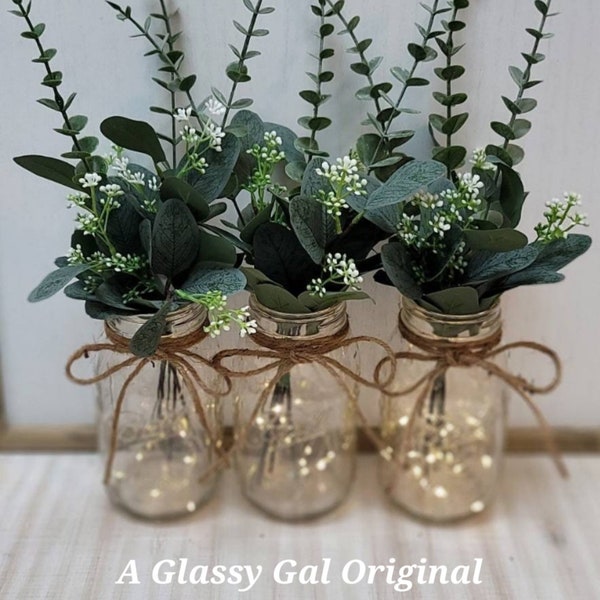 Lighted Mason Jar Centerpiece, Wedding Centerpiece, Event Centerpiece, Quart Mason jars with lights,  Wedding Decor, Farmhouse Wedding