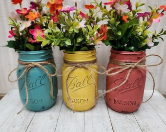 Mason Jar Centerpiece, Painted Mason Jar, Office Decor, Farmhouse Kitchen, Rustic Home Decor, Table Centerpiece, Farmhouse Decor