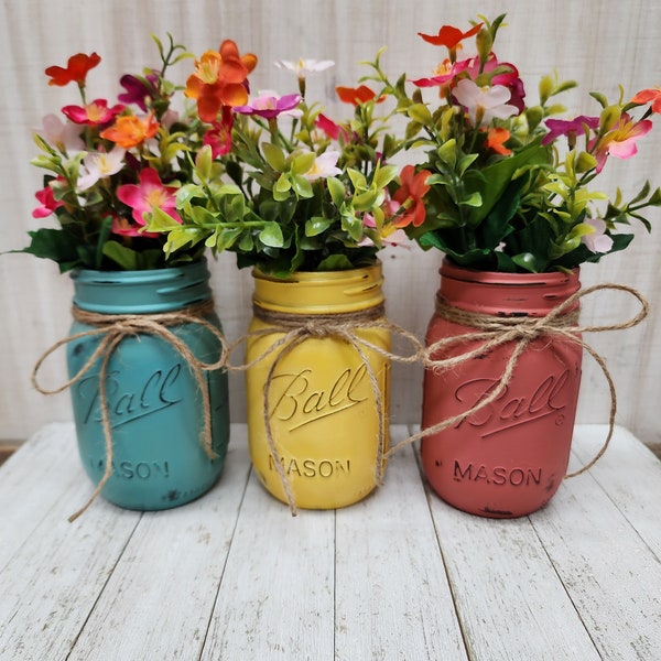 Mason Jar Centerpiece, Painted Mason Jar, Office Decor, Farmhouse Kitchen, Rustic Home Decor, Table Centerpiece, Farmhouse Decor