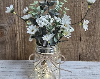 Wild Daisy & Eucalyptus Lighted Mason Jar Centerpiece, Wedding Centerpiece, Wedding Decor, Bridal Shower, Outdoor Party, Birthday Party Deco