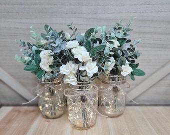 White Mini Rose & Eucalyptus Lighted Pint Mason Jar Centerpiece, Wedding Centerpiece, Farmhouse Wedding, Bridal Shower Decor, Baby Shower
