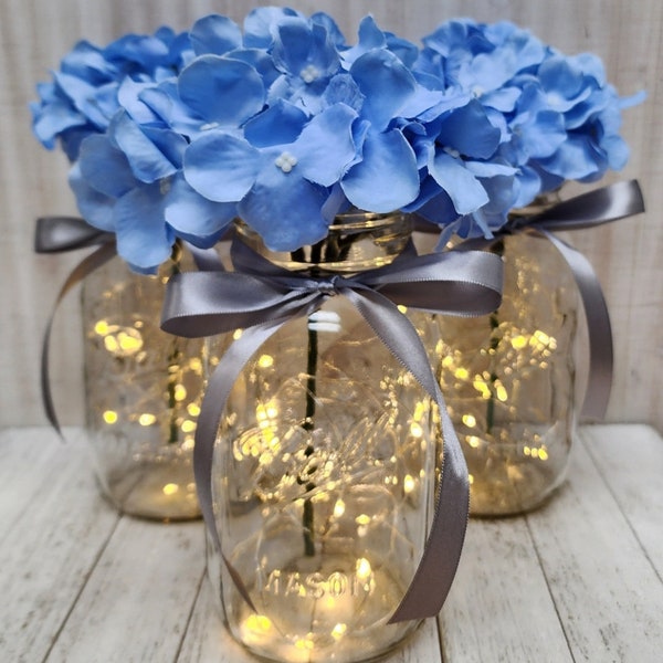 Lighted Mason Jar Centerpiece with ribbon, Wedding Centerpiece, Table Centerpiece, Mason jars with lights,  Wedding Decor, Farmhouse Wedding