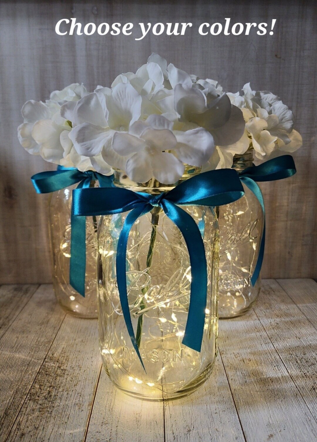 Centro de mesa con hortensias iluminadas en tarro de cristal con cinta,  decoración para bodas, baby shower, despedidas de soltera, graduaciones, ..., image size:1080x1507
