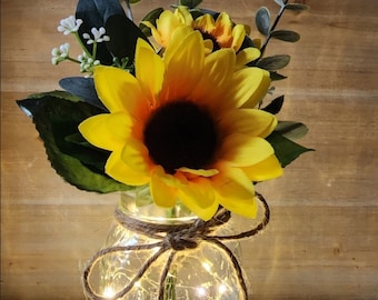 Sunflower Lighted Mason Jar Centerpiece, Wedding Centerpiece, Event Centerpiece, Wedding Decor, Farmhouse Wedding, Shower Decorations