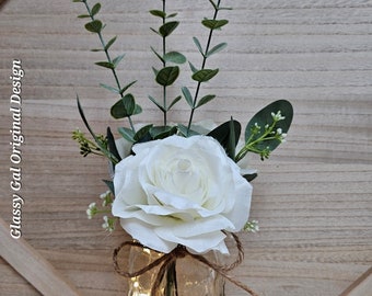 White Rose Lighted Mason Jar Centerpiece, Wedding Centerpiece, Event Centerpiece, Wedding Decor, Farmhouse Wedding, Shower Decorations