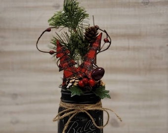 Black and Christmas Plaid Mason Jar, Holiday Table Centerpiece, Party Event Decor, Seasonal Gift
