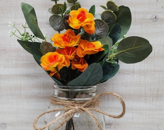 Orange Rose Lighted Mason Jar Centerpiece, Wedding Centerpiece, Event Centerpiece, Wedding Decor, Farmhouse Wedding, Shower Decorations