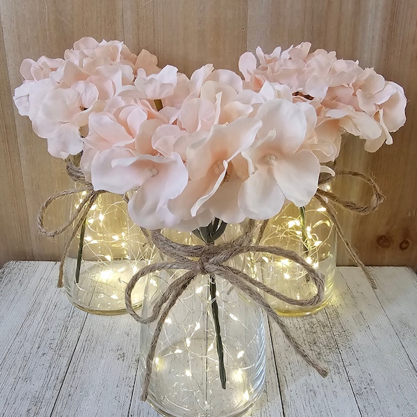 Blush Hydrangea Lighted Bud Vase Centerpiece, Wedding Centerpiece, Table Centerpiece, Wedding Centerpieces, Wedding Decor, Farmhouse Wedding