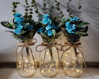 Turquoise Mini Rose Lighted Mason Jar Centerpiece, Wedding Centerpiece, Event Centerpiece, Wedding Decor, Farmhouse Wedding, Shower Decorati