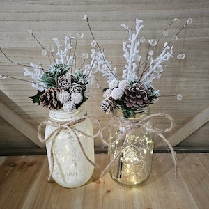 Snowy Winter Wonderland Mason Jar With Fairy Lights, Christmas Table Centerpiece, Holiday Party Event Decor, Winter Wedding, Seasonal Gift