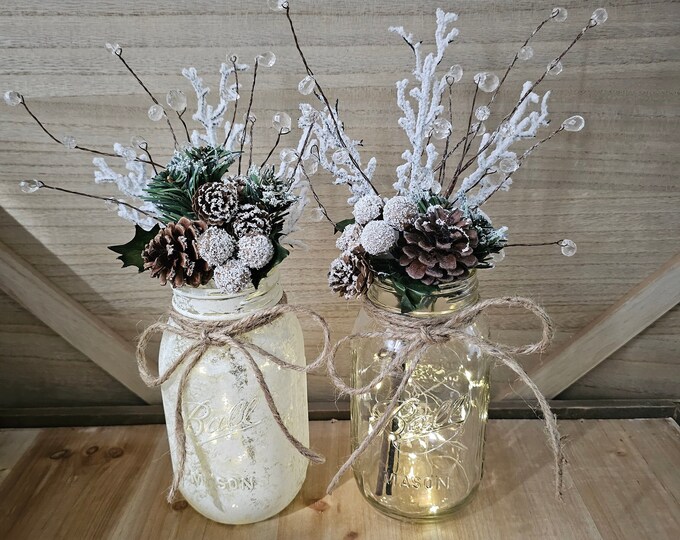 Snowy Winter Wonderland Mason Jar With Fairy Lights, Christmas Table ... - Decorating With Mason Jars For A Winter Wonderland Theme