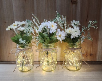 Lighted Mason Jar Centerpiece, Wedding Centerpiece, Table Centerpiece, Mason jars with lights,  Wedding Decor, Farmhouse Wedding