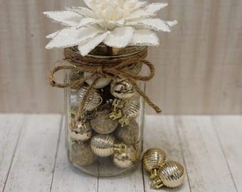 Christmas Mason Jar With Ornaments, Christmas Decor, Farmhouse Christmas, Holiday Table Decor, Christmas Centerpiece