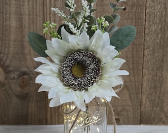 White Sunflower Lighted Mason Jar Centerpiece, Wedding Centerpiece, Event Decor, Bridal Shower, Farmhouse Wedding, Outdoor Party Decor