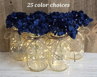 Navy Blue Premium Hydrangea Lighted Mason Jar Centerpieces, Wedding Decor, Baby Shower, Bridal Shower, Graduation, Celebration, Corporate