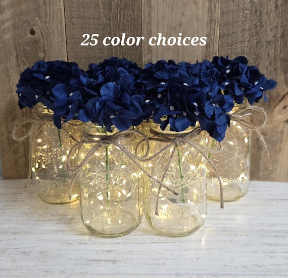 Navy Blue Premium Hydrangea Lighted Mason Jar Centerpieces, Wedding Decor, Baby Shower, Bridal Shower, Graduation, Celebration, Corporate