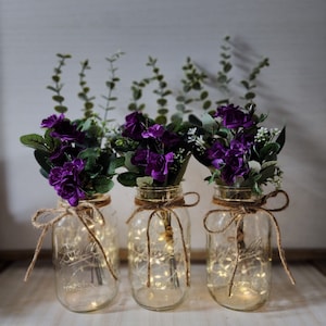 Violet Mini Rose Lighted Mason Jar Centerpiece, Wedding Centerpiece, Event Centerpiece, Wedding Decor, Farmhouse Wedding, Shower Decorations