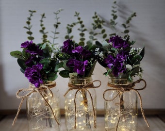 Violet Mini Rose Lighted Mason Jar Centerpiece, Wedding Centerpiece, Event Centerpiece, Wedding Decor, Farmhouse Wedding, Shower Decorations