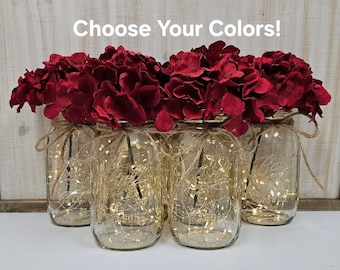 Burgundy Hydrangea Lighted Mason Jar Event Centerpieces, Wedding Decor, Baby Shower, Bridal Shower, Graduation, Celebration, Corporate Event