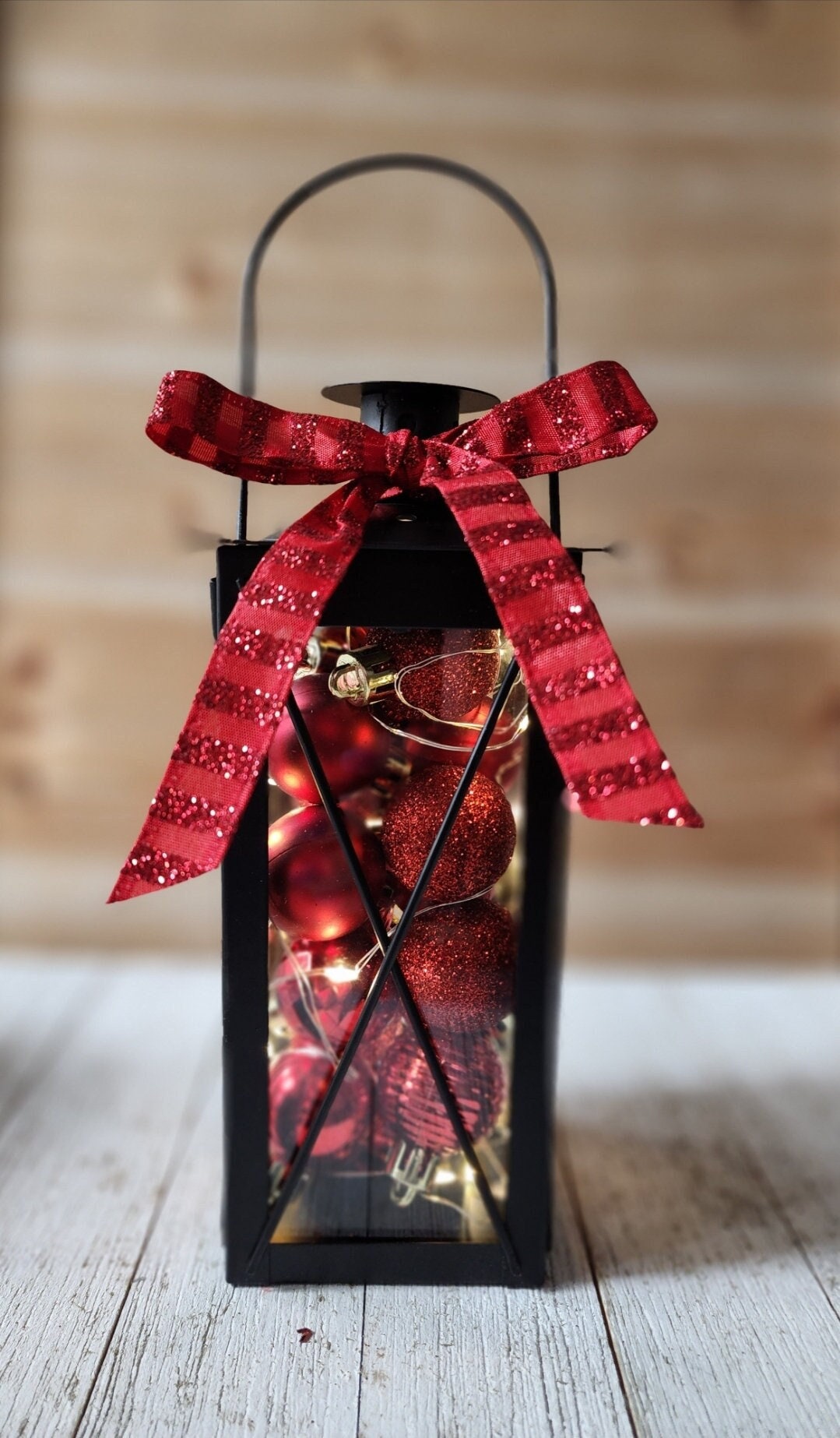 Black Christmas Lantern With Red Ornaments and Fairy Lights, Holiday…