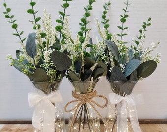 Eucalyptus & Babies Breath Greenery Lighted Bud Vase Centerpiece, Wedding Centerpiece, Event Centerpiece, Wedding Decor, Shower Decorations