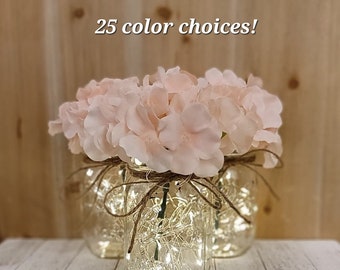 Blush Premium Hydrangea Lighted Mason Jar Centerpieces, Wedding Decor, Baby Shower, Bridal Shower, Graduation, Celebration of Life Service