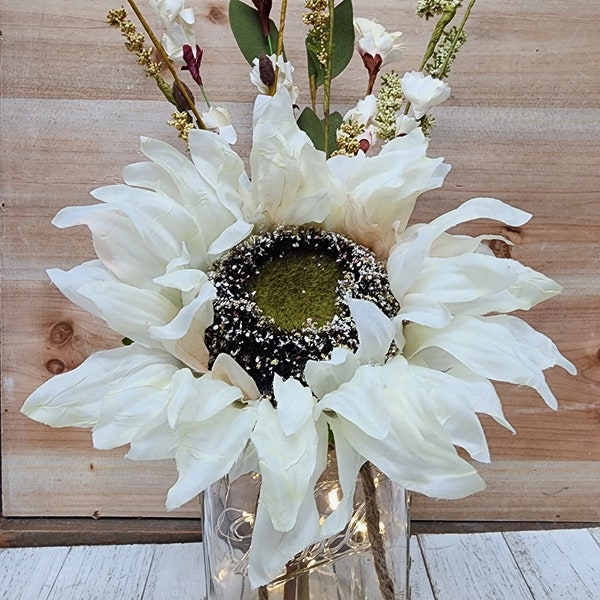 Ivory Sunflower Lighted Mason Jar Centerpiece, Wedding Centerpiece, Fall Centerpiece, Event Centerpiece, Wedding Decor, Farmhouse Wedding