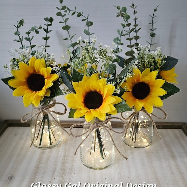 Sunflower and Babies Breath Lighted Bud Vase, Wedding Centerpiece, Event Centerpiece, Wedding Decor, Farmhouse Wedding, Shower Decorations