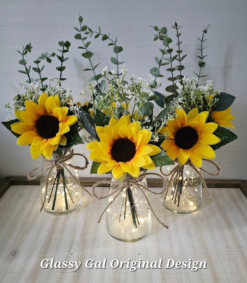 Sunflower and Babies Breath Lighted Bud Vase, Wedding Centerpiece, Event Centerpiece, Wedding Decor, Farmhouse Wedding, Shower Decorations image 1