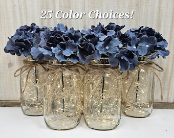 Set of 6 Dusty Blue Hydrangea Lighted Mason Jar Centerpieces, Wedding Decor, Event Centerpieces, Mason jars with lights, Farmhouse Decor