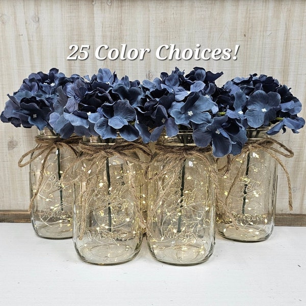 Set of 6 Dusty Blue Hydrangea Lighted Mason Jar Centerpieces, Wedding Decor, Event Centerpieces, Mason jars with lights, Farmhouse Decor