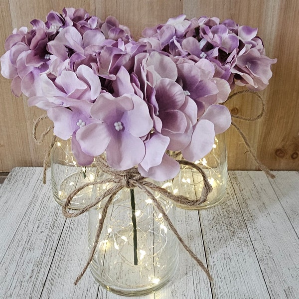 Purple Hydrangea Lighted Bud Vase Centerpiece, Wedding Centerpiece, Table Centerpiece, Wedding Decor, Wedding Table, Farmhouse Wedding