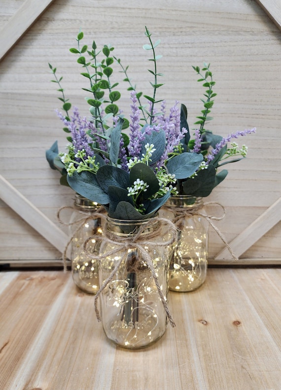 Lavender and Eucalyptus Lighted Mason Jar Centerpiece, Wedding
