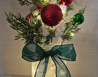 Christmas Tree Mason Jar With Fairy Lights, Holiday Table Centerpiece, Party Event Decor, Winter Wedding, Seasonal Gift