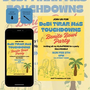 Pode incluir: Um convite digital para uma "Benito Bowl Party" com texto em azul e amarelo. O design inclui uma bola de futebol, palmeiras e cadeiras. O convite está disponível para download instantâneo e personalização.