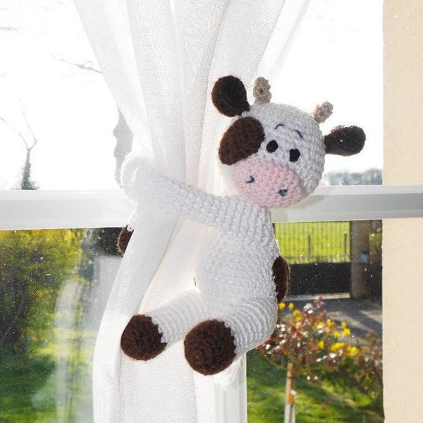 Attache rideau peluche vache embrase rideau chambre d'enfant au crochet en fil coton cravate de rideau blanc et marron décoration pour  bébé