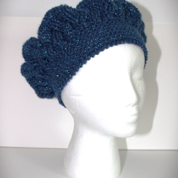 Béret femme ou enfant bord en côte élastique pour tour de tête 52 à 56cm chapeau mode hiver bonnet chaud fait main au crochet bleu pérole