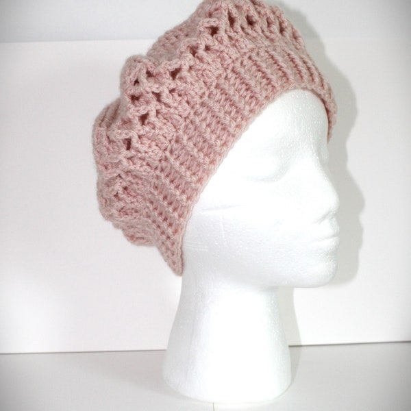 Béret femme ou enfant bord en côte élastique pour tour de tête 52 à 56cm chapeau mode hiver bonnet chaud fait main au crochet rose saumon