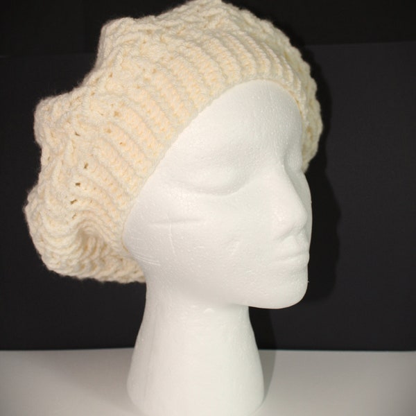 Béret pour femme chapeau mode d'hiver bonnet chaud fait main au crochet écru