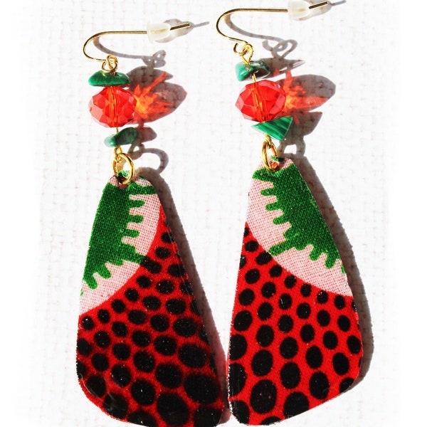 Boucles d'oreilles tissu wax brillantes bijoux d'oreilles pendantes crochet acier inoxydable pierre véritable malachite et perle rouge