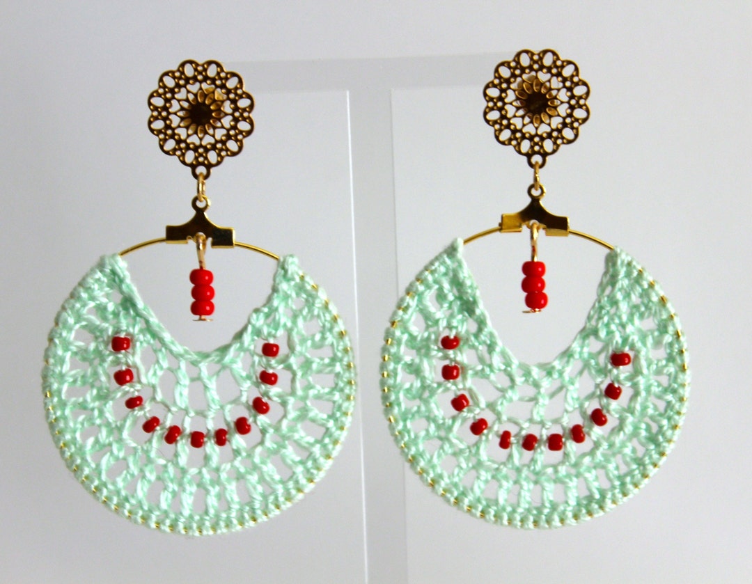 Boucles D'oreilles Fait Main - Crochet Coton Rose Et Perles De Rocaille, Création Artisanale Française