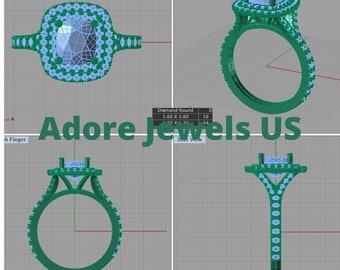May include: A 3D rendering of a ring with a large square-shaped center stone surrounded by smaller stones. The ring is set in a halo style with a double row of smaller stones. The ring is shown from different angles, including a top view, side view, and perspective view. The text "Adore Jewels US" is visible in the image.