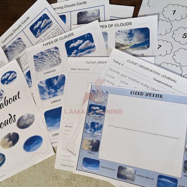 Clouds Learning Unit, Cloud Spotter Board, Types of the Clouds Cards and Game, Science Activities, Homeschool, Printable, Nature Study