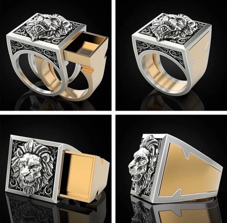 Gold and Silver color Lion Ring with secret compartment