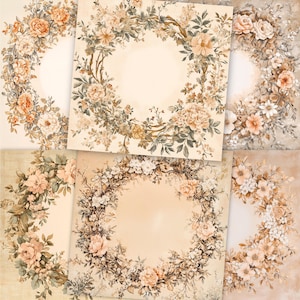 12 couronnes de fleurs romantiques Clipart JPG, étiquettes-cadeaux vierges aquarelle pêche pastel, art floral de mariage occidental pour sublimation personnalisée POD
