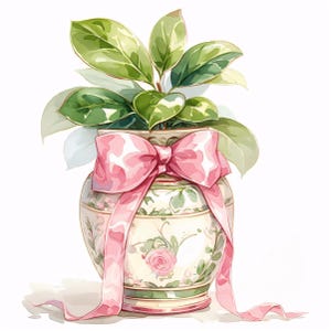 12 Pink Bow Houseplants Clipart JPG, French Coquette Potted Plants Artwork, Akwarela Hair Bow Udekorowany Garnek Na Torby Kubki Karty Ścienne Sztuka
