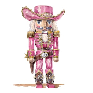 12 Cascanueces de vaquero Clipart JPG, Navidad campestre rosa del oeste, lindo arte de acuarela con joyas para bolsas de mano, tazas, tarjetas de felicitación, sublimación