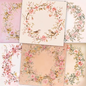 12 couronnes de fleurs romantiques Clipart JPG, étiquettes-cadeaux vierges aquarelle rose pastel, art floral de mariage occidental pour sublimation personnalisée POD