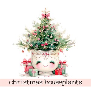 12 clipart de árvore de Natal JPG, plantas de casa em vasos de joias fofas para o feriado, bolsas de Natal vermelhas e brancas, canecas, camisetas, cartões, designs de sublimação